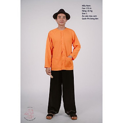 Bộ áo bà ba nam phối áo cate cam+ Quần cate đen - Có bộ bà ba Bigsize