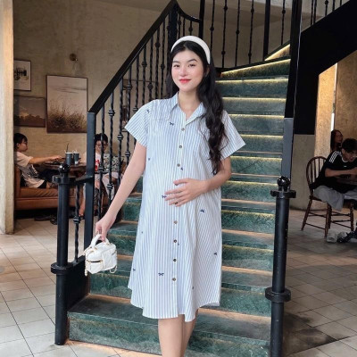 Đầm Bầu Form Dáng Sơ Mi Sọc Xinh Chất Cotton Lụa Mềm Mát, Váy Bầu Cá Tính Size M L