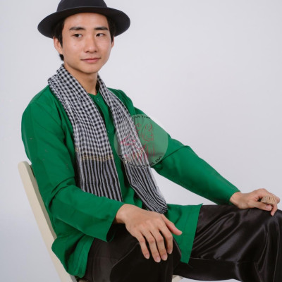 Bộ áo bà ba nam phối áo cate xanh lá + Quần cate đen - Có bộ bà ba Bigsize