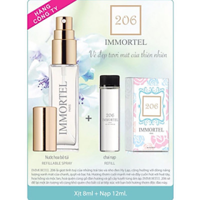 Nước hoa Nữ Immortel Paris 206 Eau De Perfume (Gồm chai xịt 8ml + Chai nạp 12ml)-Mùi hương mạnh mẽ và đầy cuốn hút