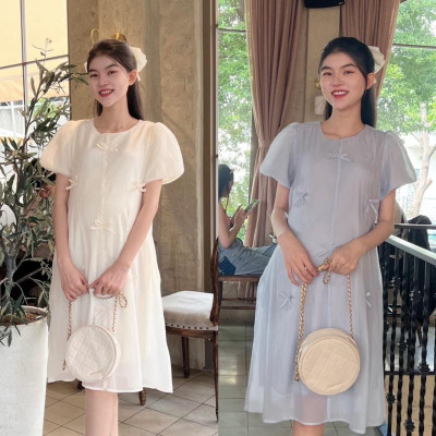 Đầm bầu tơ phom suông đính nơ nhẹ nhàng, dễ thương, sang chảnh Nữ Women