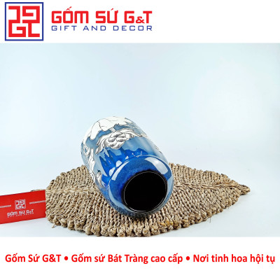Lọ hoa men hỏa biến lá dứa miệng thấp vẽ sen Gốm Sứ G&T
