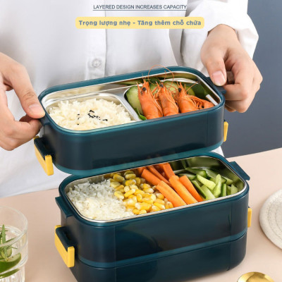 Hộp cơm giữ nhiệt văn phòng YESURE 1200ml Hai Tầng có ngăn Inox Tháo rời dễ dàng cho vào lò Vi Sóng - Hàng chính hãng
