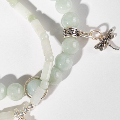 Vòng tay đôi cẩm thạch phỉ thúy phối túi tiền và chuồn chuồn Ngọc Quý Gemstones