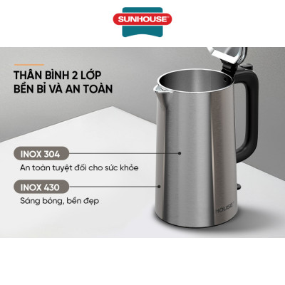 Ấm siêu tốc Inox 2 lớp 2L Sunhouse SHD1396 - Hàng Chính Hãng
