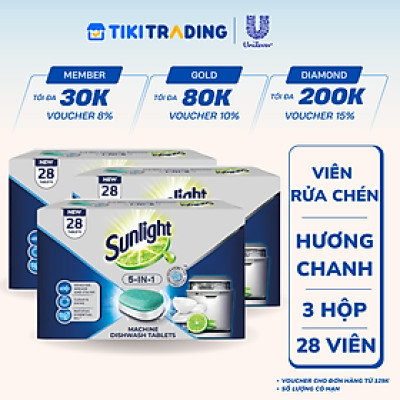Combo 3 Hộp Viên Rửa Chén Bát Sunlight 5in1 Dành Cho Máy Rửa Chén (28 Viên/Hộp)