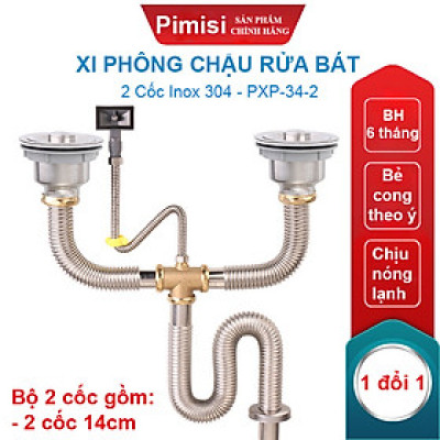 Xi Phông Chậu Rửa Bát 2 Hố Pimisi PXP-34-2 Inox Cao Cấp Kiểu Chun Uốn - Bẻ Cong, cho Bồn Rửa Chén 2 Hộc Đôi | Chính Hãng