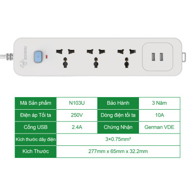 Ổ Cắm Điện Gongniu 3 Ổ Đa Năng + 2 USB 1 Công Tắc – Công Suất 10A/250/2500W – Trắng – Chính Hãng (N103U)