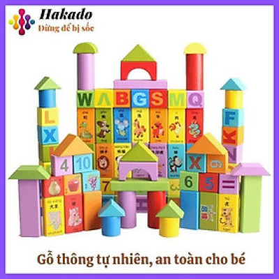 Đồ chơi xếp hình 100 khối gỗ nhiều hình dạng, màu sắc