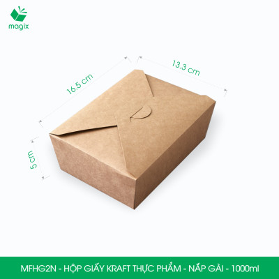 MFHG2N - 100 hộp giấy kraft thực phẩm 1000ml, hộp giấy nắp gập màu nâu đựng thức ăn, hộp giấy nắp gài gói đồ ăn mang đi 