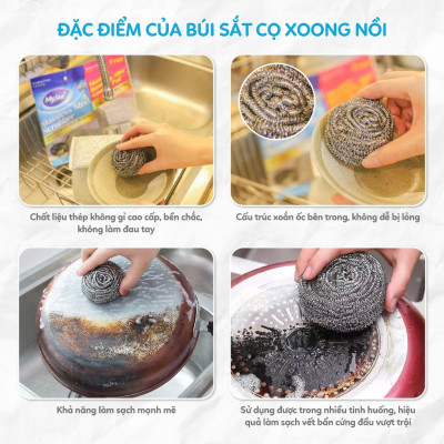 SET 4 Miếng Búi Sắt Cọ Xoong Nồi KÈM Miếng Chà Nồi Đa Năng MyJae