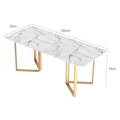 Bàn ăn vân đá cẩm thạch màu trắng - Bàn ăn chân chữ V kim loại mạ nhũ vàng đồng LUX-BGA05