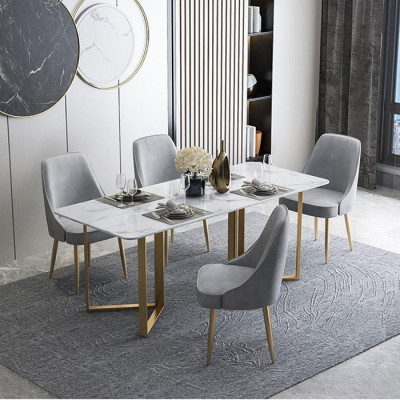 Bàn ăn vân đá cẩm thạch màu trắng - Bàn ăn chân chữ V kim loại mạ nhũ vàng đồng LUX-BGA05