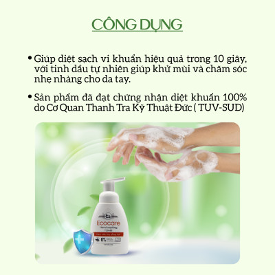 Nước rửa tay hữu cơ diệt khuẩn dạng bọt tinh dầu Nhài 250ml thương hiệu Ecocare