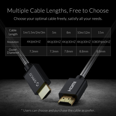 Cáp HDMI ORICO HD501-100-BK - chuẩn 2.0 4K/30Hz (dây dù) 10 mét - Hàng Chính Hãng