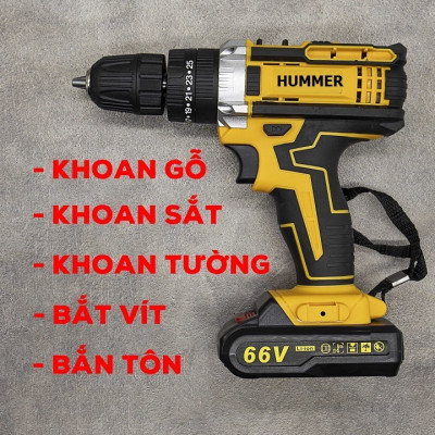 Bộ máy khoan pin HUMMER 66V khoan tường, khoan sắt, khoan bê tông máy 2 pin, đảo chiều và mũi khoan