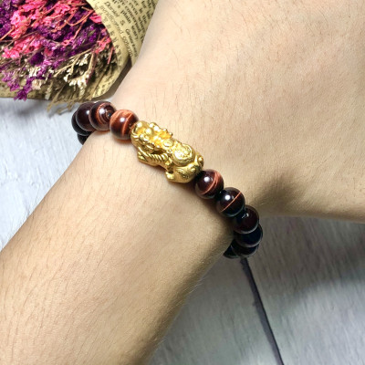 Vòng tay Thạch Anh Mắt Hổ nâu đỏ 8mm mix tỳ hưu bạc