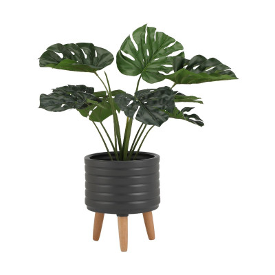 Chậu trang trí bằng sành DEARO hình trụ tròn màu xám đậm kết hợp chân đỡ bằng gỗ, kích thước 28x37cm (RxC) | Index Living Mall - Phân phối độc quyền tại Việt Nam