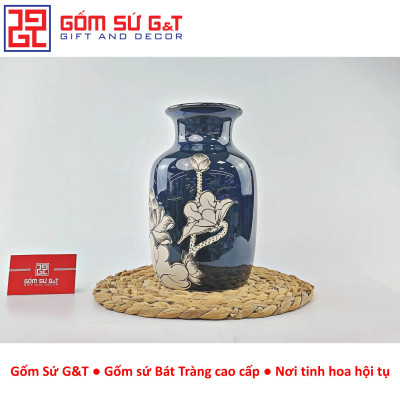 Lọ hoa men hỏa biến dáng phích cổ thấp vẽ sen Gốm Sứ G&T