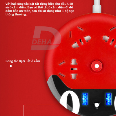 Ổ cắm kéo dài đa năng kèm nguồn USB sạc điện thoại hình mèo dễ thương, có kệ để điện thoại nhỏ gọn tiện dụng