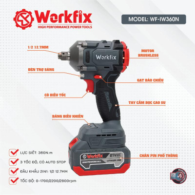 Máy Siết Bulong Workfix 360N- WF-IW360N - Đa Năng 2 Trong 1 - Lực Siết 360N.m - Động Cơ Từ Lõi Đồng - 2 Pin 21V/3Ah - Bảo hành chính hãg