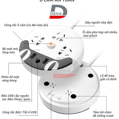 Ổ cắm kéo dài đa năng kèm nguồn USB sạc điện thoại hình mèo dễ thương, có kệ để điện thoại nhỏ gọn tiện dụng