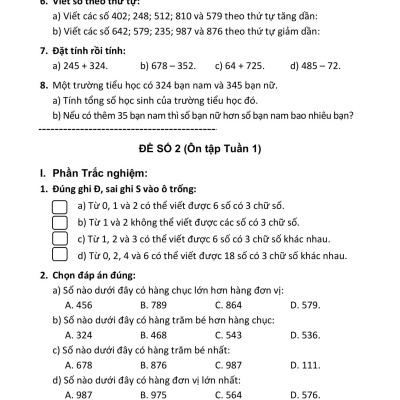 100 Đề Kiểm Tra Toán 3 (Biên Soạn Theo Chương Trình Mới)