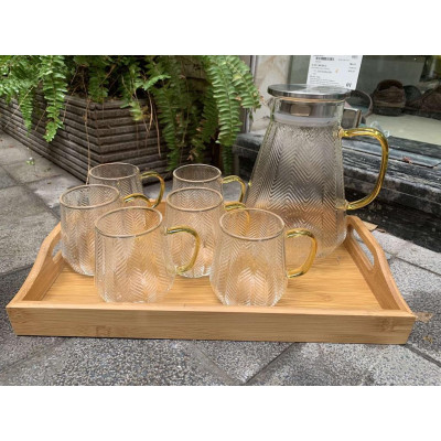 Bộ bình + 6 cốc sần họa tiết lá lúa