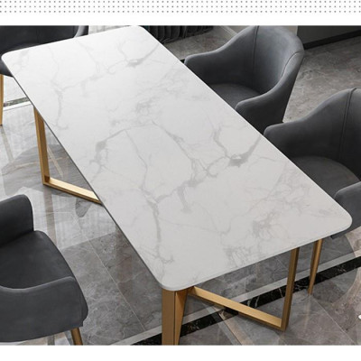 Bàn ăn vân đá cẩm thạch màu trắng - Bàn ăn chân chữ V kim loại mạ nhũ vàng đồng LUX-BGA05