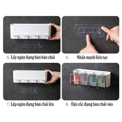 Bộ 4 Cốc Kiêm Giá Đỡ Bàn Chải Dán Tường, Nhả Kem Tự Động. Bộ Nhả Kem Đánh Răng Kèm 4 Cốc Nhựa Hữu Dụng