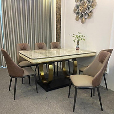 Bàn ăn mặt đá Ceramic bóng chân inox mạ vàng kết hợp ghế spot - bàn ăn nhập khẩu mặt đá cao cấp sang trọng sáng bóng