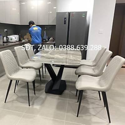 Bộ bàn ăn chân X 1m6 + 6 ghế Nelson Trám mặt đá ceramic bóng  Thương hiệu Nội Thất Bình Long 