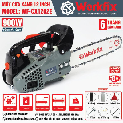 Máy Cưa Xích chạy Xăng 12 Inch Workfix - Máy cưa cụt mini - WF-CX1202E - Công Suất 900W - Động Cơ 2 Thì 25.4cc - Sử Dụng Xăng Pha Nhớt