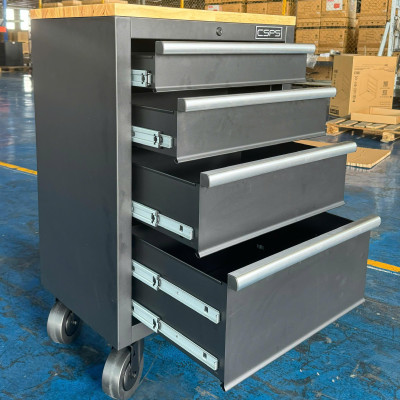 Tủ dụng cụ CSPS 61cm - 04 hộc kéo màu đen bánh xe ván gỗ (tay cầm trắng)