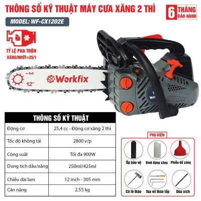 Máy Cưa Xích chạy Xăng 12 Inch Workfix - Máy cưa cụt mini - WF-CX1202E - Công Suất 900W - Động Cơ 2 Thì 25.4cc - Sử Dụng Xăng Pha Nhớt