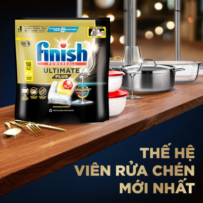Combo Finish: Viên rửa chén Ultimate 18 viên + Nước làm bóng 500ml + Muối rửa chén 1kg