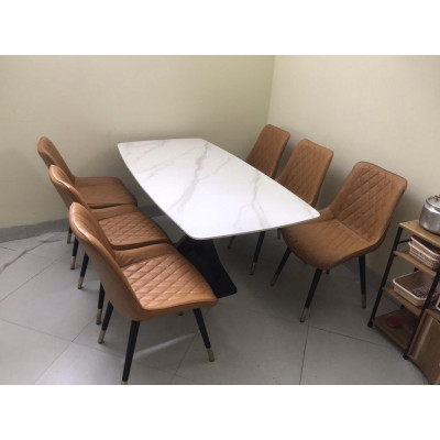 Bộ bàn ăn chân X 1m6 + 6 ghế Loft Trám mặt đá ceramic bóng  Thương hiệu Nội Thất Bình Long 