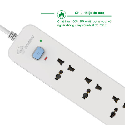 Ổ Cắm Điện Gongniu 3 Ổ Đa Năng + 2 USB 1 Công Tắc – Công Suất 10A/250/2500W – Trắng – Chính Hãng (N103U)