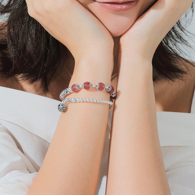 Vòng 2 line đá thạch anh dâu phối charm bạc mệnh hỏa, thổ - Ngọc Quý Gemstones