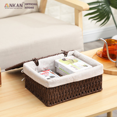 Giỏ Mây Có Nắp Đựng Đồ, Đựng Mỹ Phẩm, Đựng Đồ Ăn Vặt Để Bàn, Decor Chụp Ảnh Sản Phẩm Lót Vải Vintage