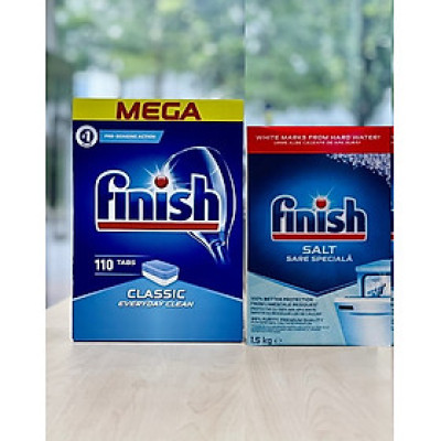 Muối Finish 1.5kg+Viên rửa bát Finish 110 viên (Đức) dùng cho máy rửa chén bát