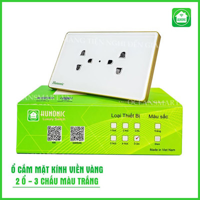 Ổ Cắm Mặt Kính Có Tiếp Địa Viền Vàng, Ổ Cắm Âm Tường 2 Ổ 3 Chấu - HNLSK02