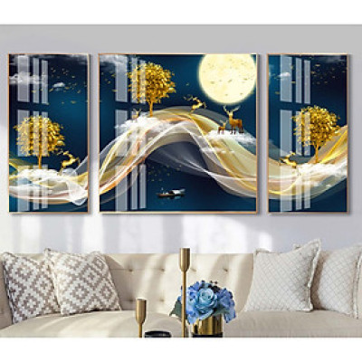 Tranh gỗ TRÁNG GƯƠNG tài lộc,TRANH 3 BỨC TREO PHÒNG KHÁCH, TRANH MICA CAO CẤP PVP-DC301-018