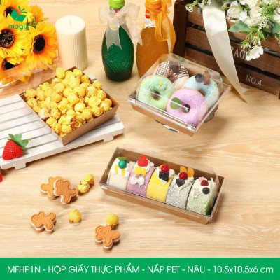 MFHP1N - 10.5x10.5x6 cm - 50 hộp giấy kraft thực phẩm màu nâu nắp Pet, hộp giấy vuông đựng thức ăn, hộp bánh nắp trong