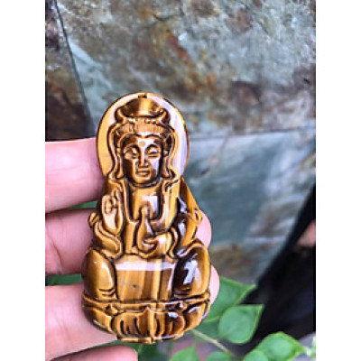 Mặt Dây Chuyền Phật QUAN ÂM size Lớn Cao 58mm x Ngang 30mm x Sâu 11mm Chất Liệu 100% Đá Mắt Hổ Vàng Nâu Tự Nhiên Nam mệnh Kim Thổ Thủy