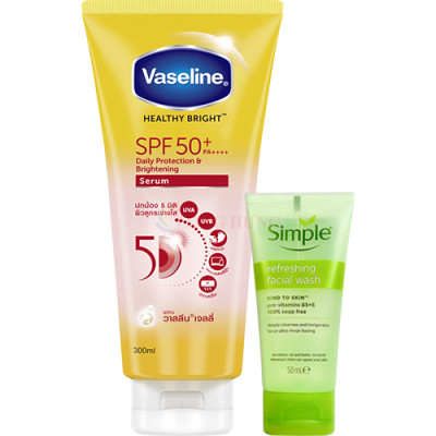Combo Tinh chất dưỡng thể chống nắng Vaseline Healthy Bright SPF 50+(300ml) + Sữa rửa mặt Simple Refreshing Facial Wash (50ml) - Hàng chính hãng
