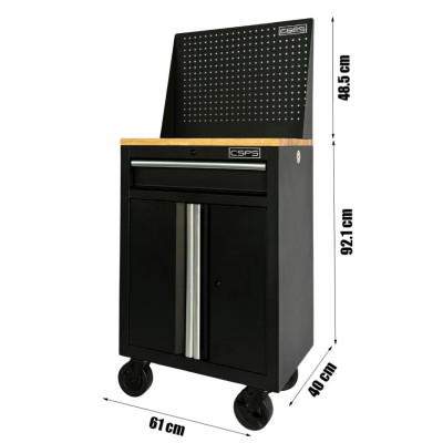 Tủ dụng cụ CSPS 61cm - 01 hộc kéo màu đen bánh xe ván gỗ vách lưới (tay cầm trắng)