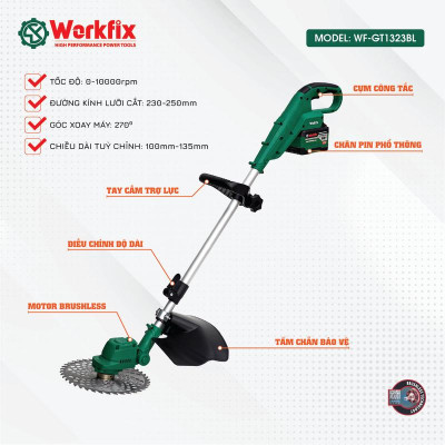 Máy Cắt Cỏ Dùng Pin Workfix - WF-GT1323BL - Động Cơ Brushless - Pin 15cell 21V/6Ah