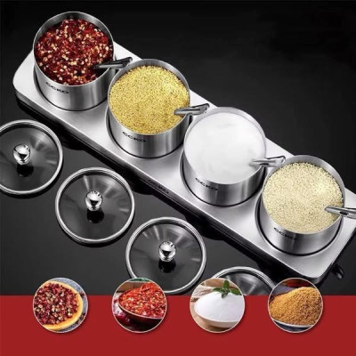 Set 4 hũ đựng gia vị CCKO inox 304 nắp thủy tinh kèm khay Hàng chính hãng