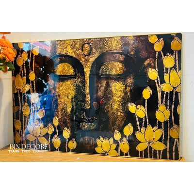 (ẢNH THẬT) Tranh treo tường phật trong hoa sen vàng tranh trang trí phòng thờ nơi tôn nghiêm